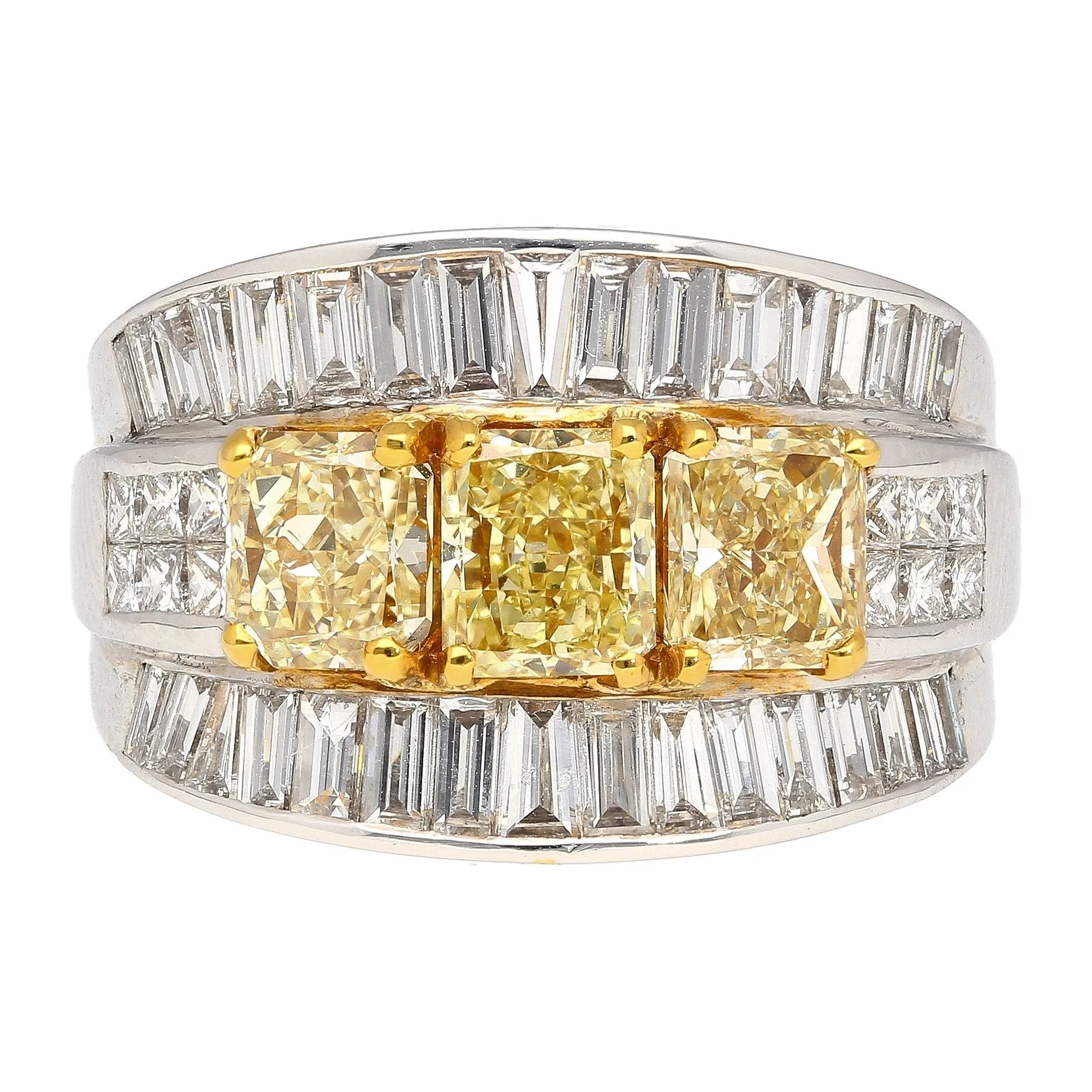 3.28 Carat TW Natural Radiant Cut Fancy Yellow Diamond 3-Stone Ring in 18K White Gold