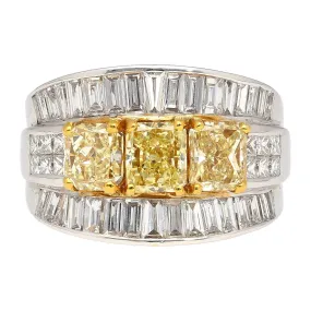 3.28 Carat TW Natural Radiant Cut Fancy Yellow Diamond 3-Stone Ring in 18K White Gold