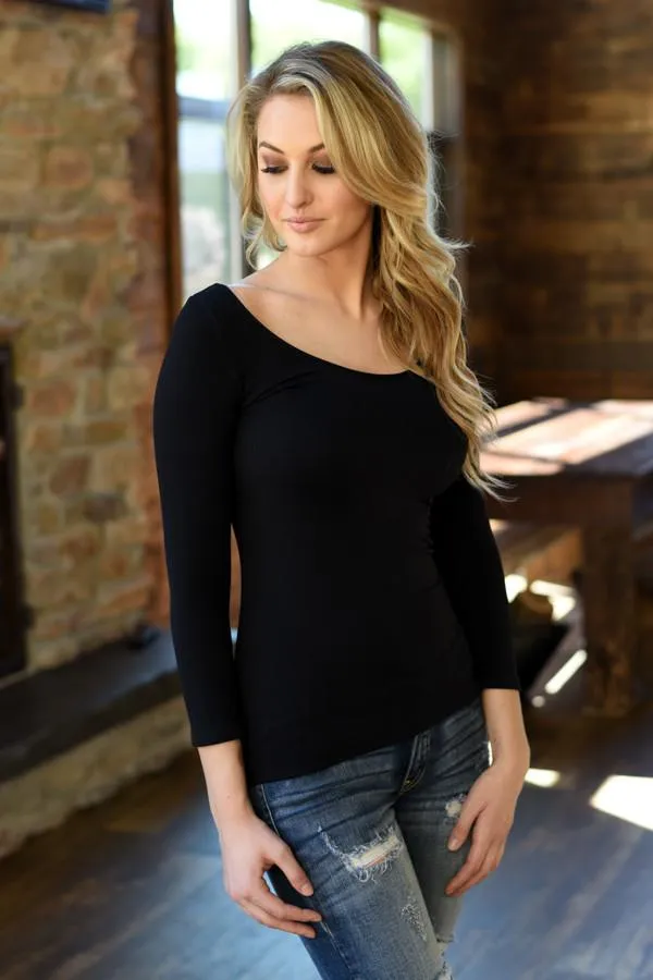 3/4 Sleeve Seamless Top - Black