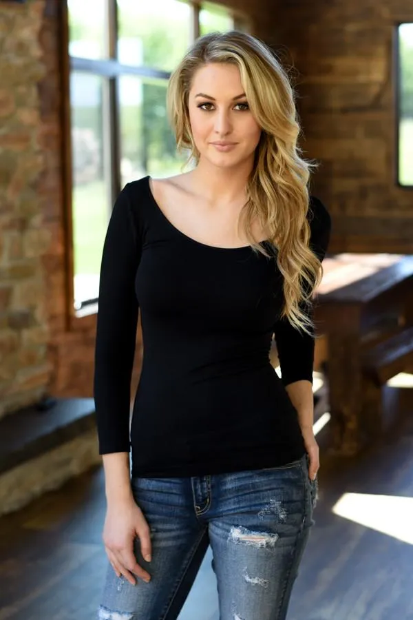 3/4 Sleeve Seamless Top - Black