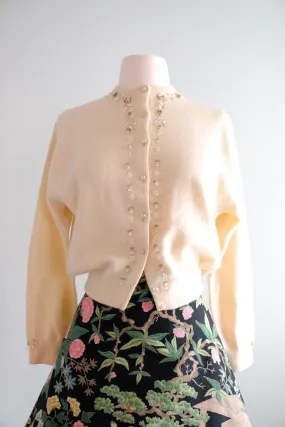 Darling 1950's Ivory Floral Beaded Cardigan Sweater/ Sz M